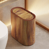 Slim Oval Trash Can with Lid | Marble or Wood Grain Print Bathroom Bin – Bedroom Kitchen Office