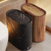Slim Oval Trash Can with Lid | Marble or Wood Grain Print Bathroom Bin – Bedroom Kitchen Office
