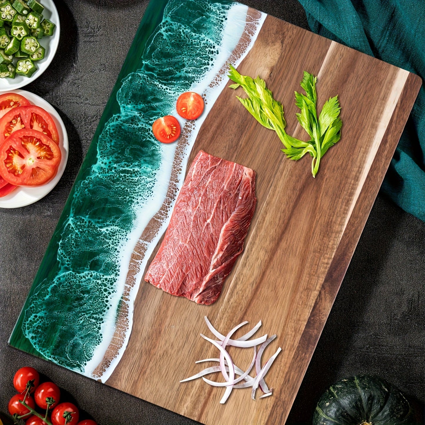 Wave Resin Cutting Board | Ocean-Inspired Acacia Wood Serving & Cheese Board