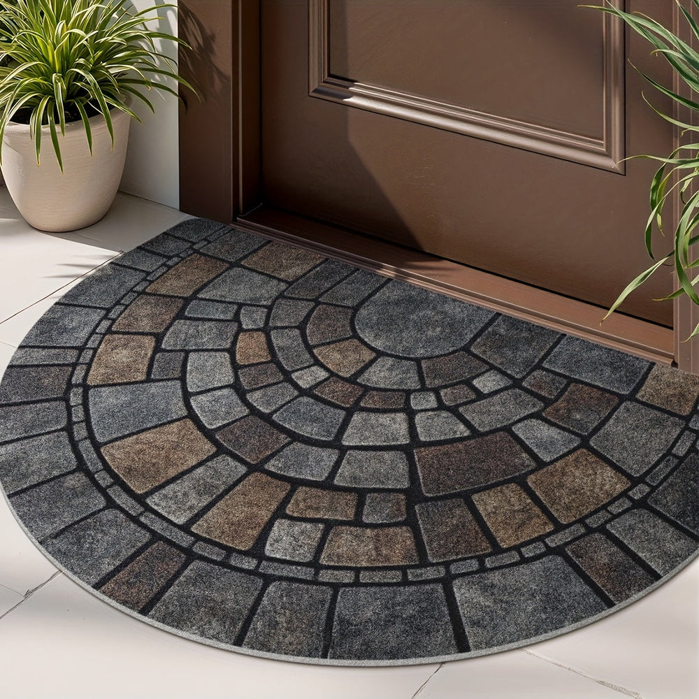 Semi Circle Door Mat | Non-Slip Mosaic Stone Pattern Entry Rug – Indoor Outdoor Front Door