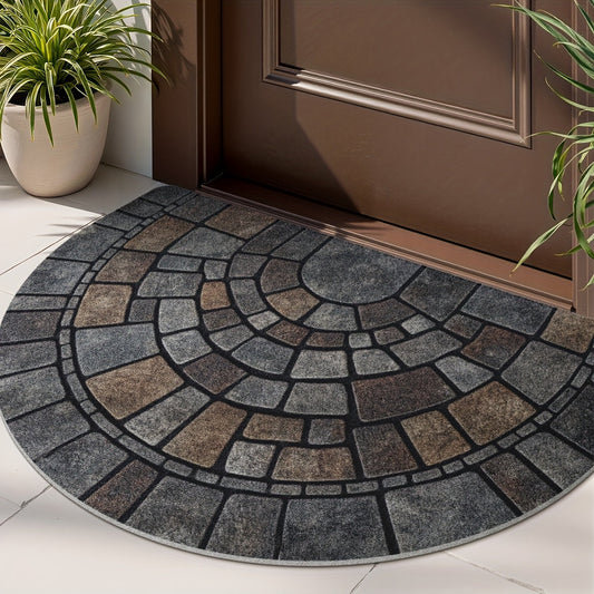 Semi Circle Door Mat | Non-Slip Mosaic Stone Pattern Entry Rug – Indoor Outdoor Front Door
