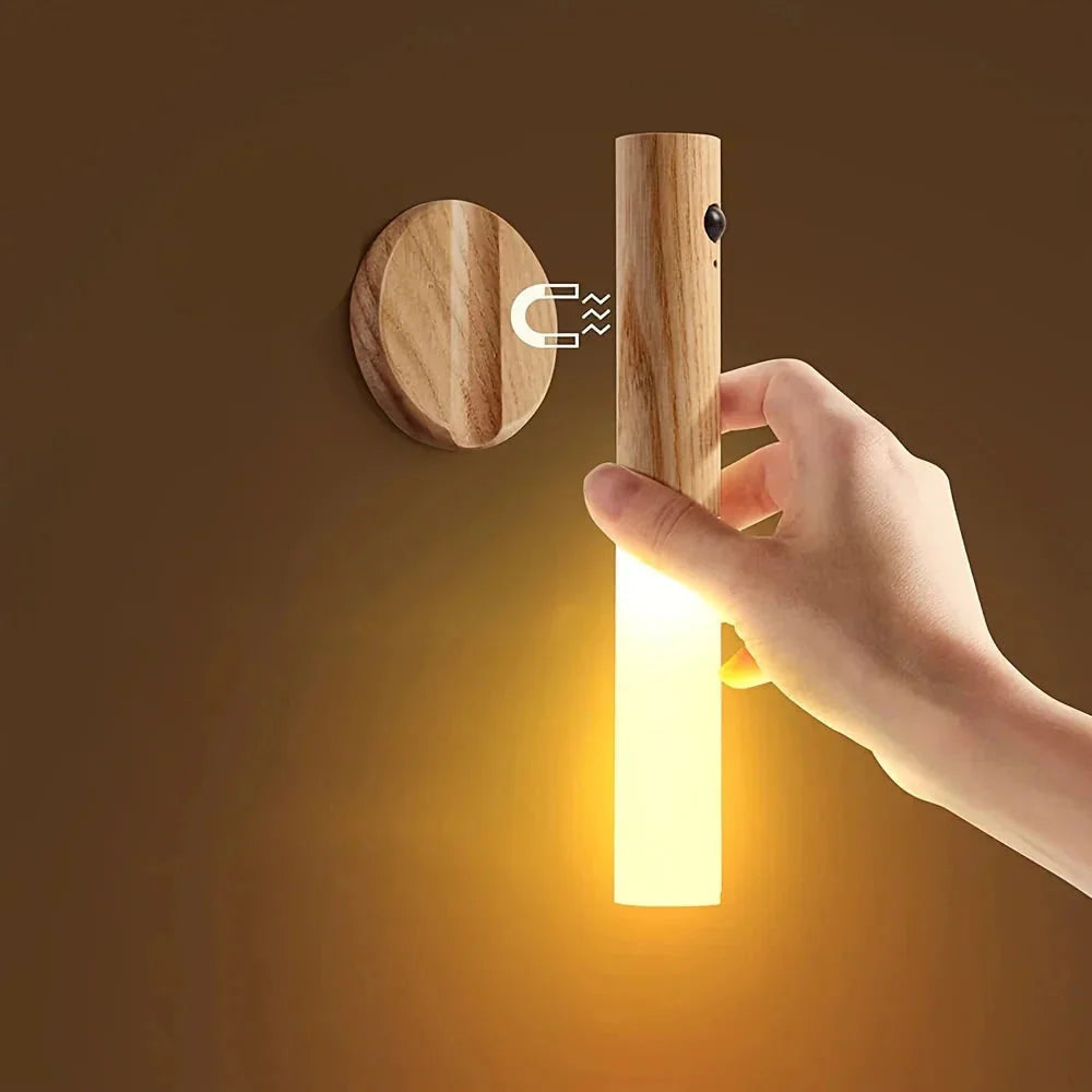 Motion sensor night light in walnut finish, rechargeable LED wall light
