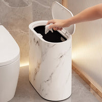 Slim Oval Trash Can with Lid | Marble or Wood Grain Print Bathroom Bin – Bedroom Kitchen Office
