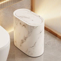 Slim Oval Trash Can with Lid | Marble or Wood Grain Print Bathroom Bin – Bedroom Kitchen Office